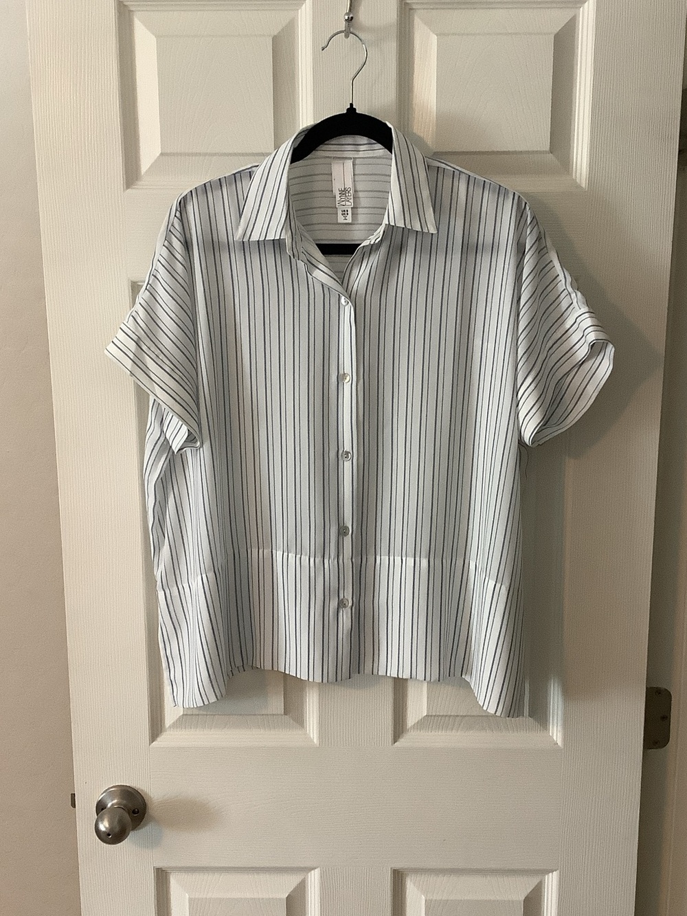 Striped Button-Up Short Sleeve Blouse in White and Black